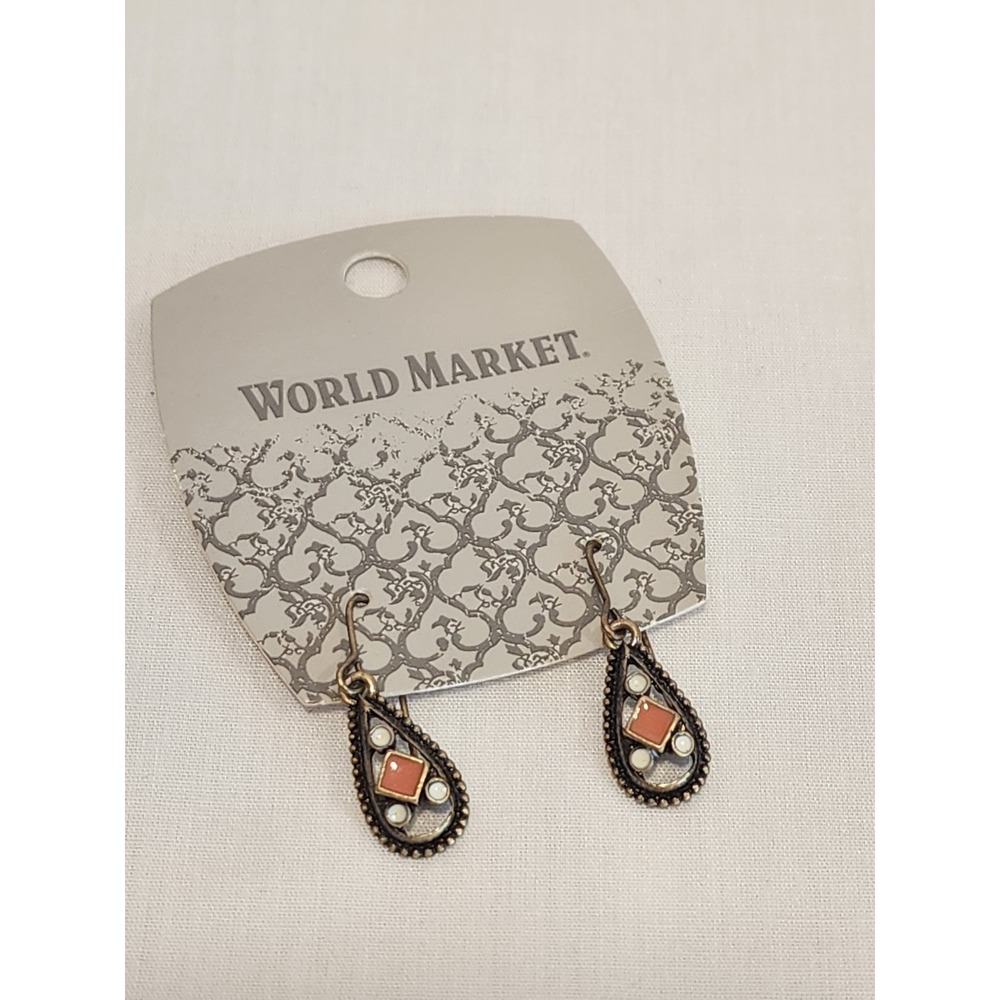 World Market Victorian Gardens Bronze Teardrop Drop Earrings Coral Cream